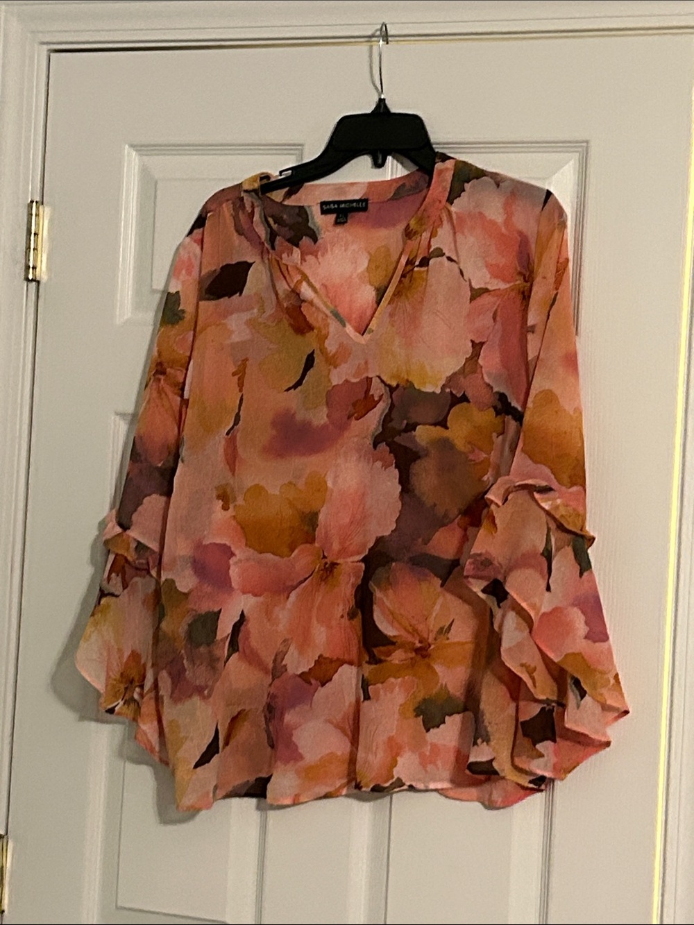 Sara Michelle Pink Multi Floral V-Neck Ruffle-Sleeve Blouse